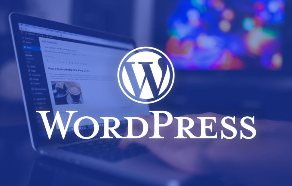 imagenen azul logo de wordpress fondo hay una notbook