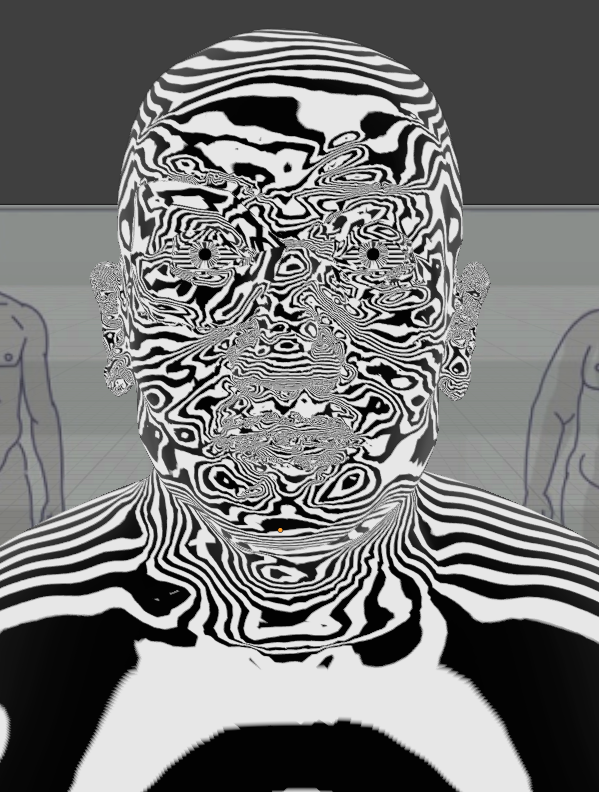 Ensayo Jano Bujalesky. Figura en 3D, hombre en primer plano, textura en líneas que recorren superficie.